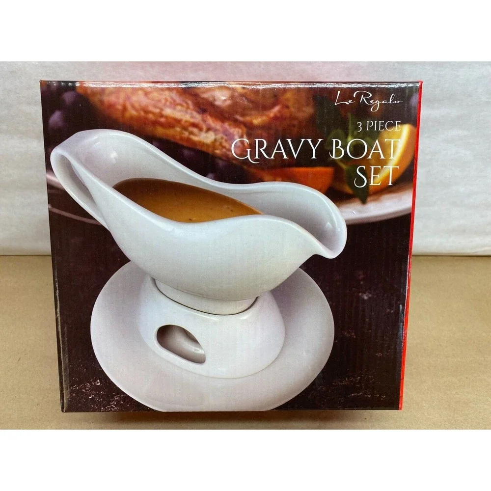 Le Regalo White Porcelain Gravy Serving Boat 3 Piece Set
